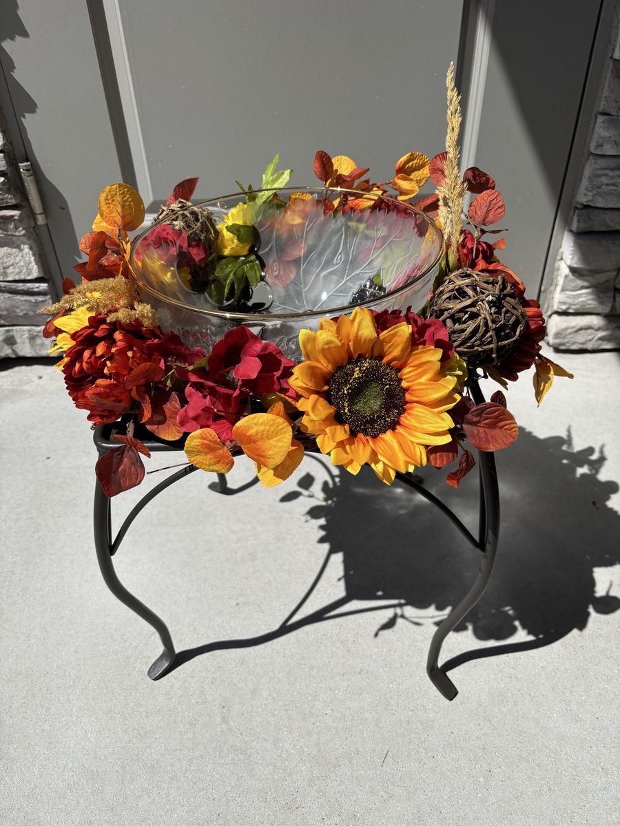Fall Autumn Floral Glass Punch Bowl Centerpiece 