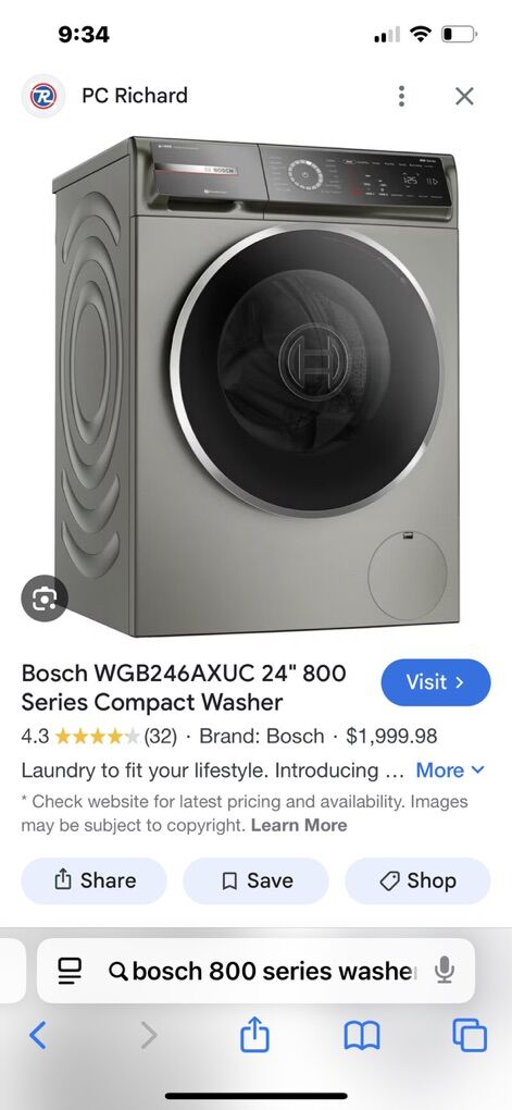 Bosch 24 High Efficiency Washer 800 Series--NEW