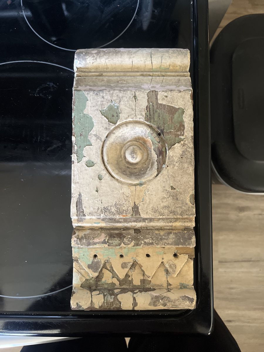 Vintage Architectural Salvage Carved Wood Corbel with Distressed Paint Finish, Decorative Trim