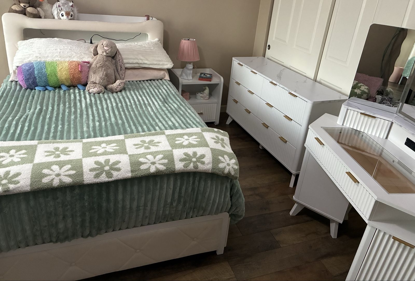 Complete Bedroom Set! Full size bed frame, dresser, nightstand, and vanity! Mattress/bedding not included.