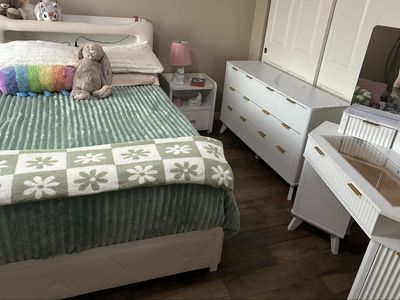 Complete Bedroom Set! Full size bed frame, dresser, nightstand, and vanity! Mattress/bedding not included.