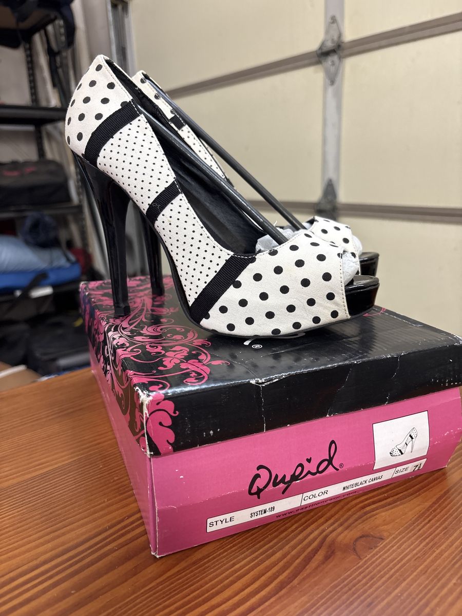 Qupid System-139 White/Black Canvas Polka Dot Peep Toe Platform Heels Size 7.5