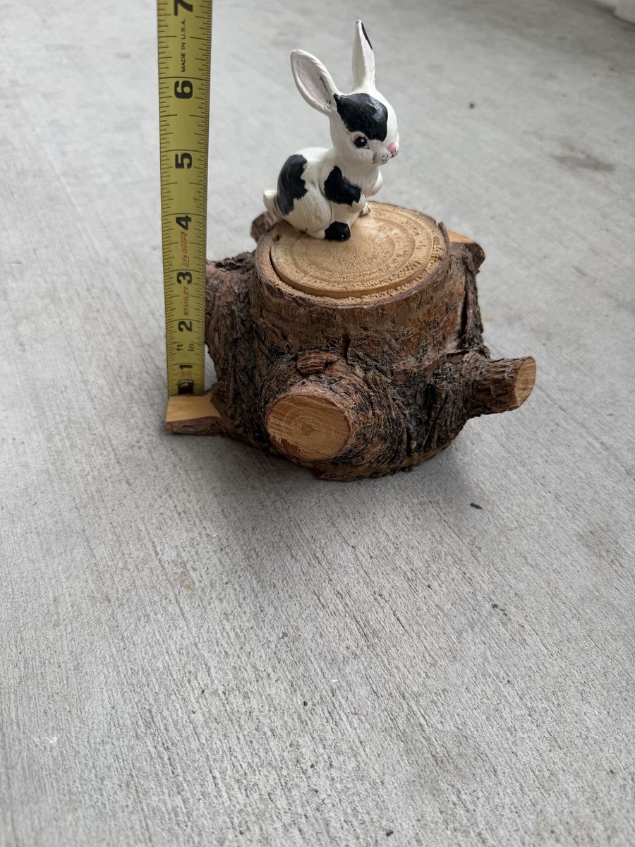 Cute Vintage Ceramic Black and White Bunny Rabbit Figurine on a Wooden Tree Stump, 5" Tall