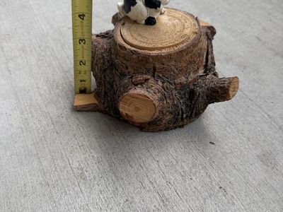 Cute Vintage Ceramic Black and White Bunny Rabbit Figurine on a Wooden Tree Stump, 5" Tall