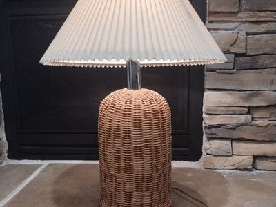 Vintage Woven Rattan Wicker Table Lamp with Pleated Shade