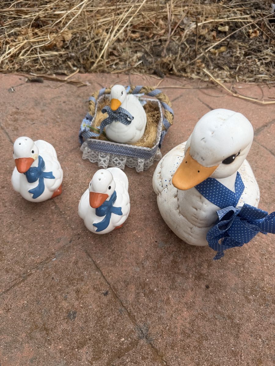 Ceramic Duck Figurines - Set of 4, Farmhouse Decor, White with Blue Ribbons, Vintage Decorative