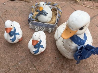 Ceramic Duck Figurines - Set of 4, Farmhouse Decor, White with Blue Ribbons, Vintage Decorative
