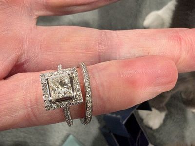 Stunning Diamond Engagement & Wedding Ring Set - Square Cut Halo with Pave Bands