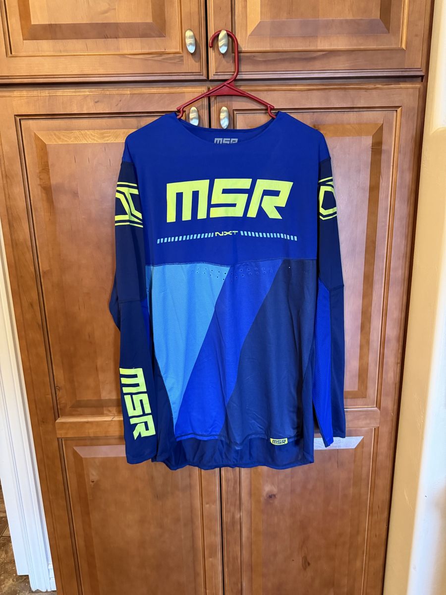 MSR NXT Motocross Jersey, Blue/Yellow, Long Sleeve, Men's Size Large, Dirt Bike Racing  Pants size 32, gloves size medium