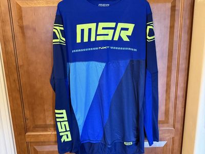 MSR NXT Motocross Jersey, Blue/Yellow, Long Sleeve, Men's Size Large, Dirt Bike Racing Pants size 32, gloves size medium