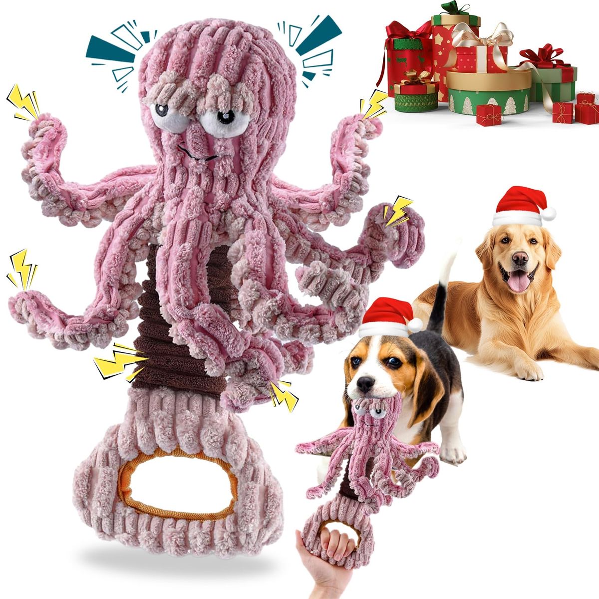 Interactive Plush Octopus Squeaky Dog Toy with Stretch Elastic & Crinkle Paper