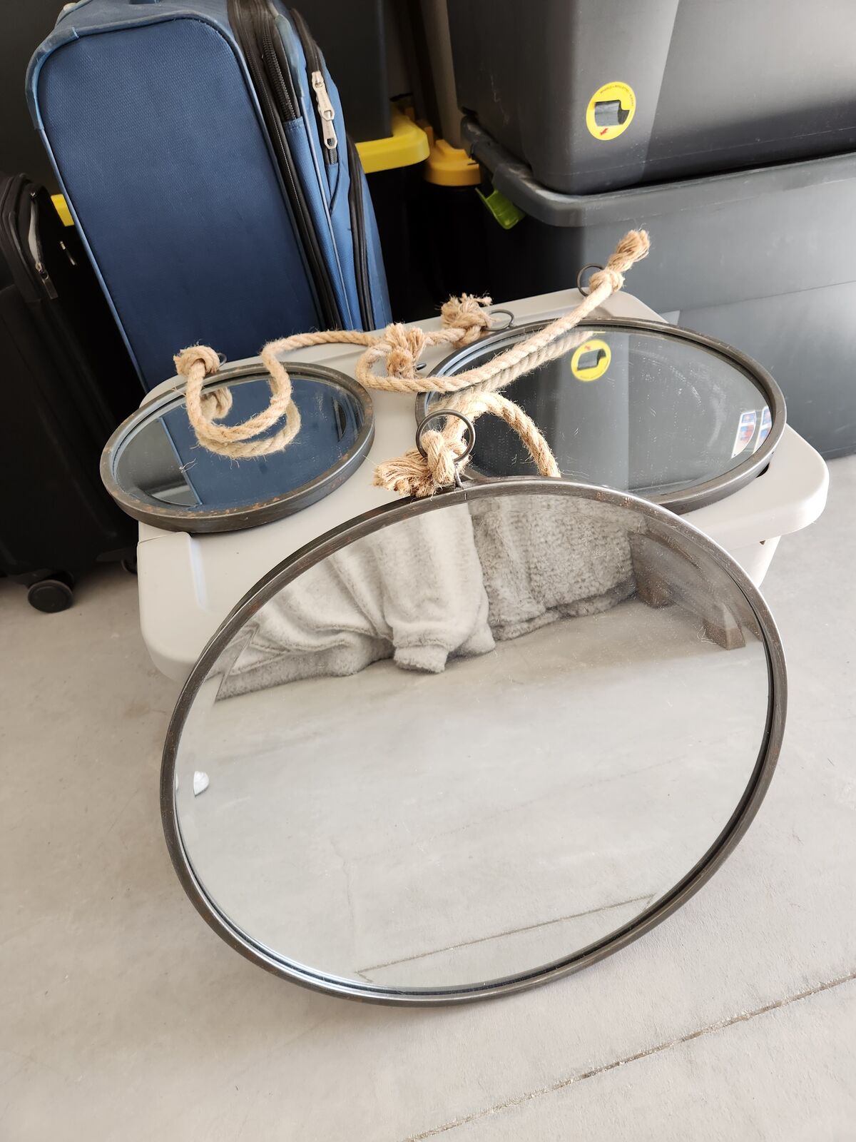 Round Metal Wall Mirrors Featuring Rustic Jute Rope Hangers - S, M, L