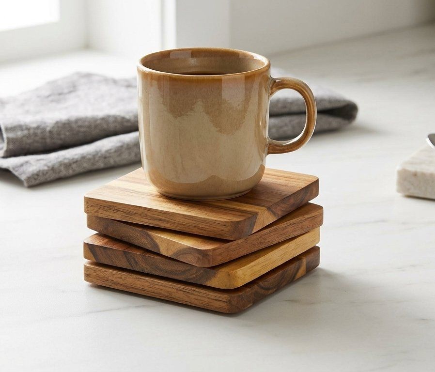 ​Set of 4 Natural Acacia Wood Coasters – Square Drink Coasters with Non-Slip Feet