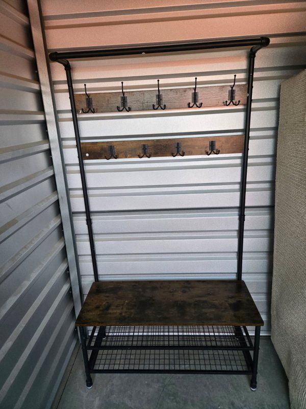 Industrial Style Hall Tree with Bench, Coat Rack, and Shoe Storage - Perfect for Entryway