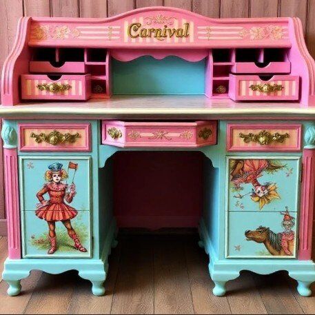 Custom Order Option: Antique Rolltop Writer's Desk Retro Vintage Carnival Circus Clown Core Showgirl Art Home Office Decor