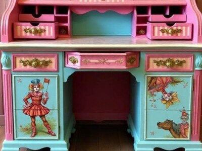 Custom Order Option: Antique Rolltop Writer's Desk Retro Vintage Carnival Circus Clown Core Showgirl Art Home Office Decor