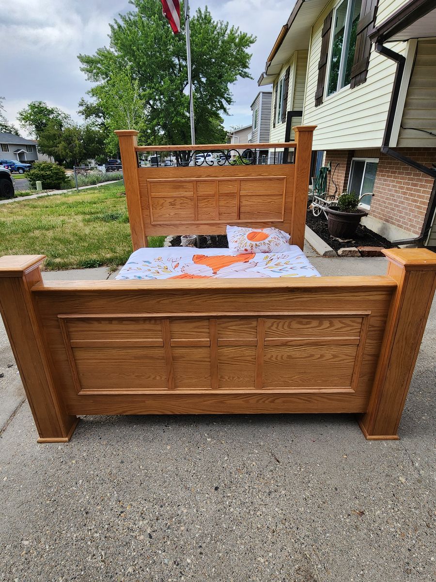Queen Size Wood Bed Frame with Ornate Metal Headboard Detail