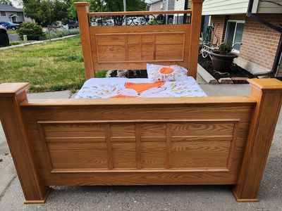 Queen Size Wood Bed Frame with Ornate Metal Headboard Detail