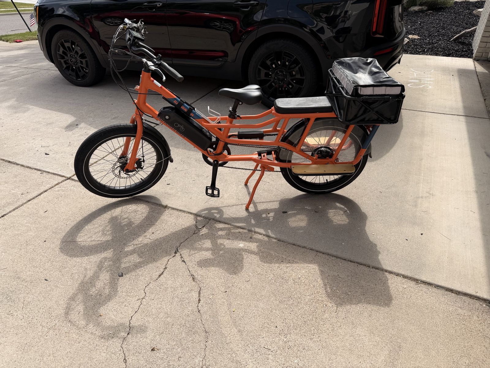 Rad Power Bikes RadWagon Electric Cargo Bike - Orange with Rear Basket & Wood Running Boards