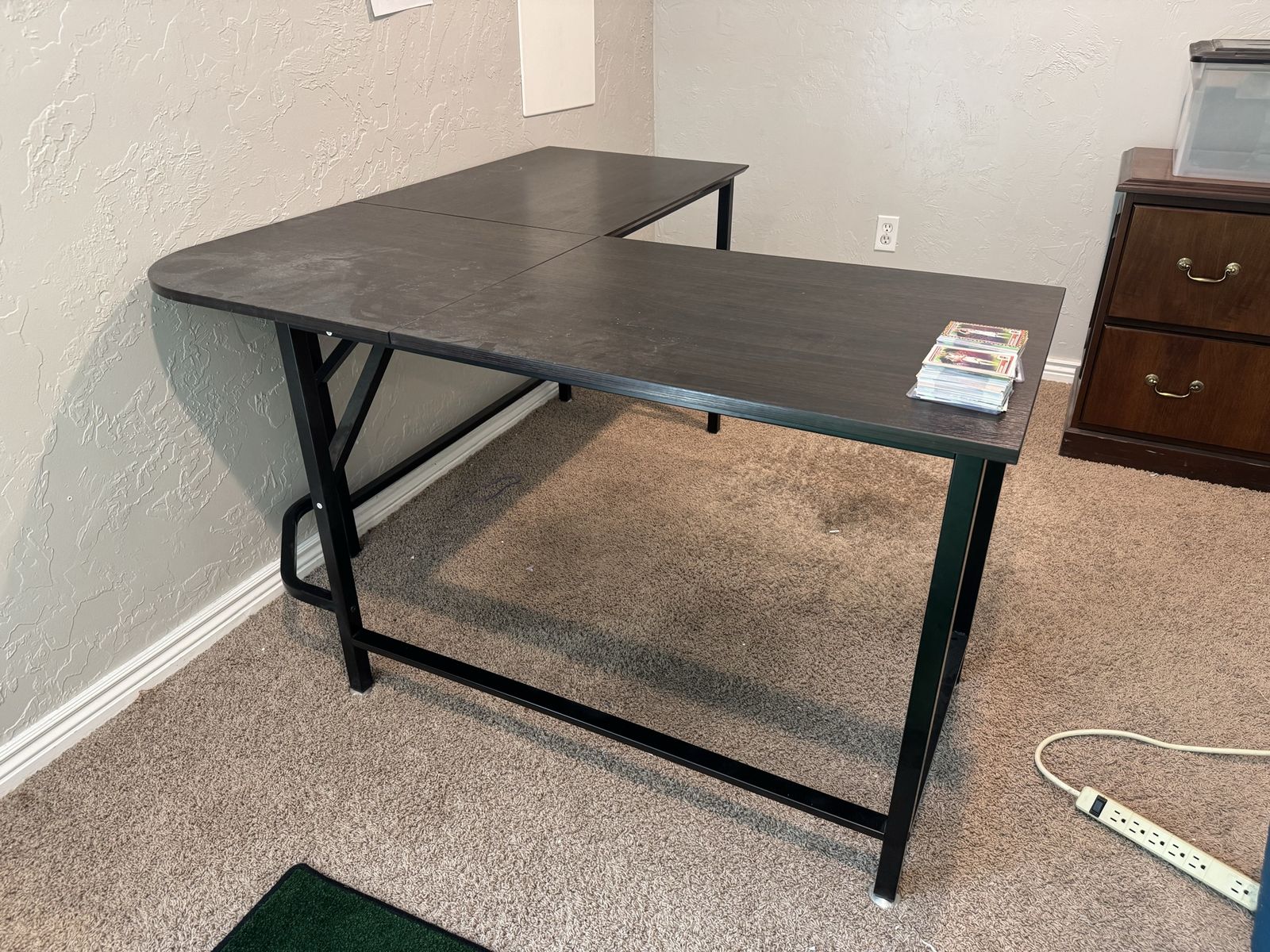L-Shaped Corner Desk - Dark Wood Grain & Black Metal Frame - Free, Local Pickup