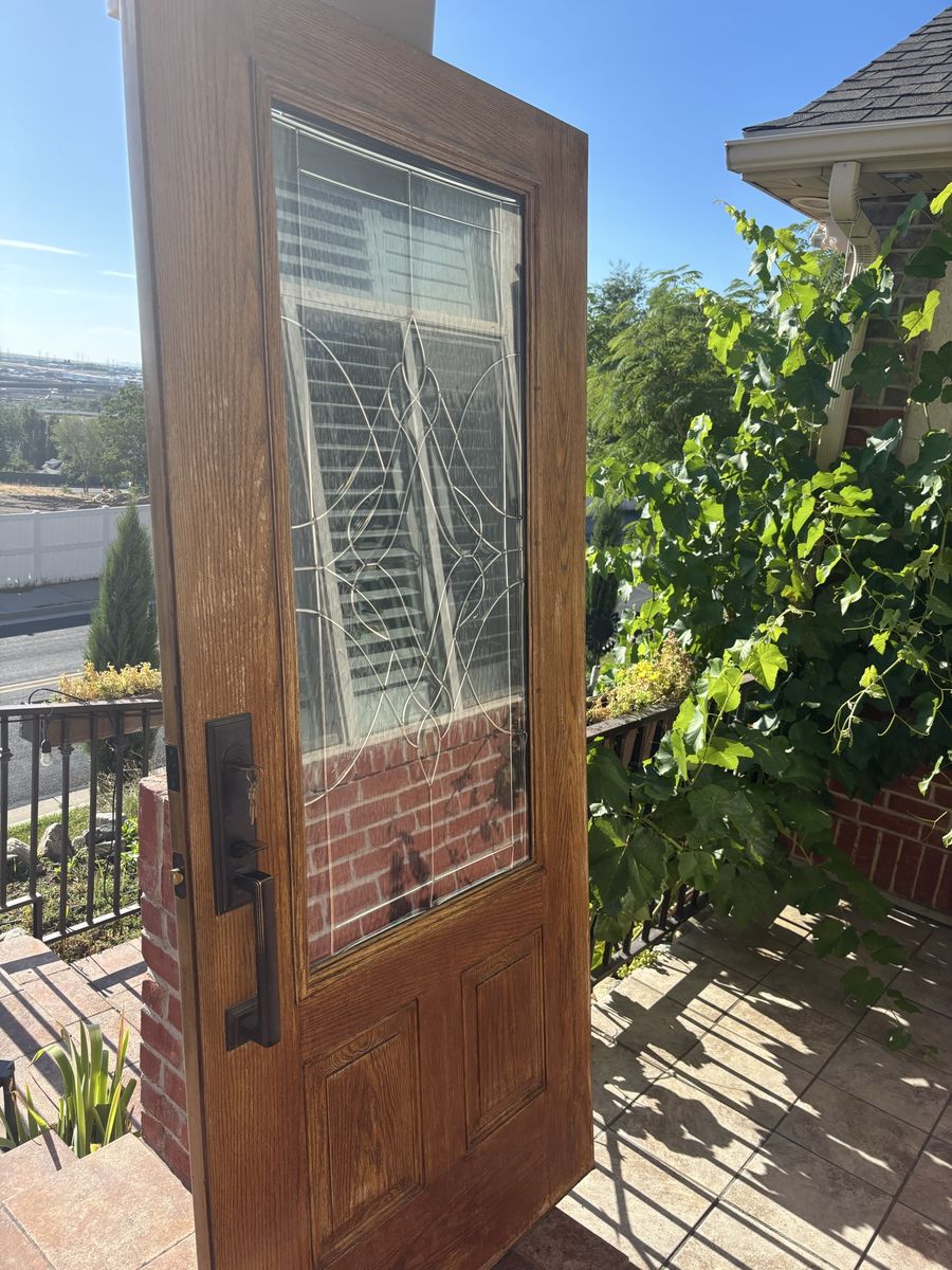 Oak Wood Entry Door with Leaded Glass and Hardware - Used Front Door