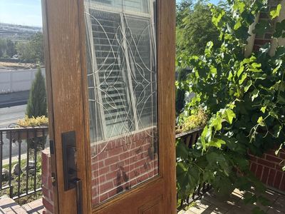 Oak Wood Entry Door with Leaded Glass and Hardware - Used Front Door
