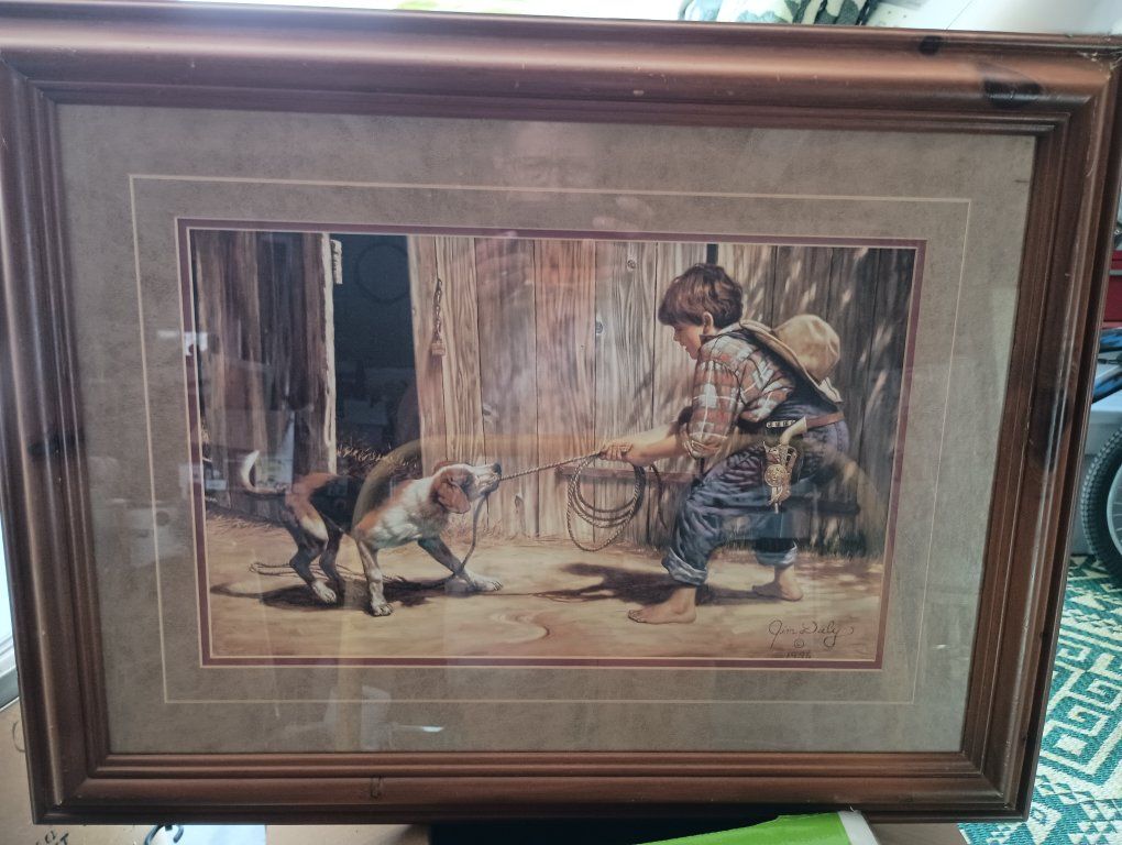 Jim Daly Framed Art Print - Boy and Dog Tug of War Nostalgic Western Painting