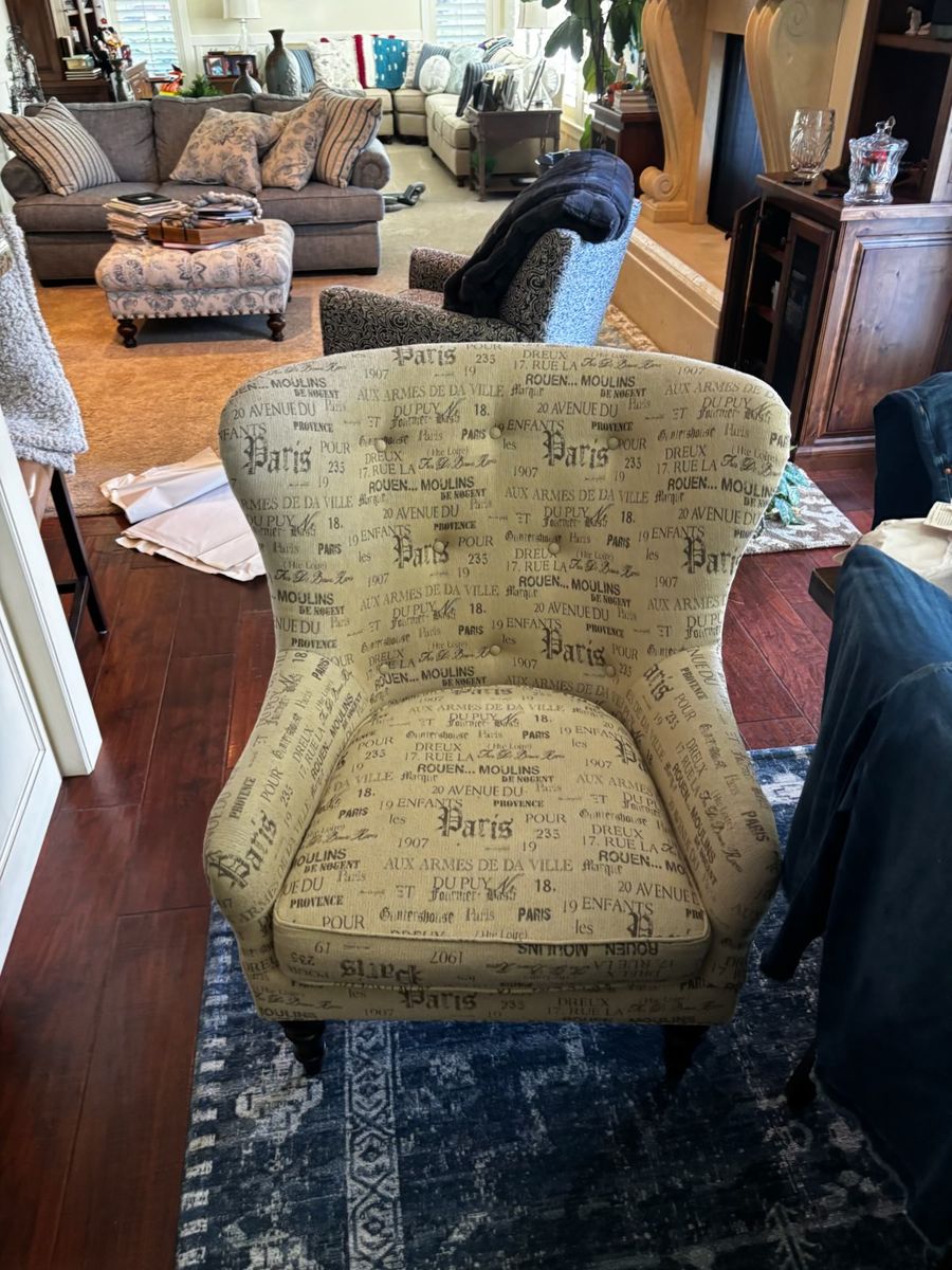 French Script Paris Print Accent Armchair with Tufted Back