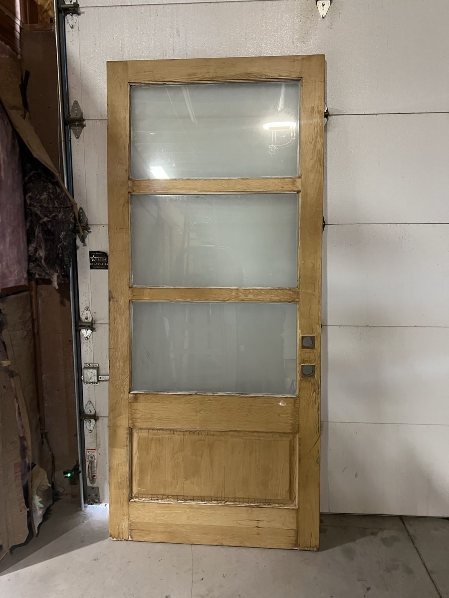 Vintage Wood and Frosted Glass Pane Door - Rustic Exterior Door Slab (Hardware Not Included)
