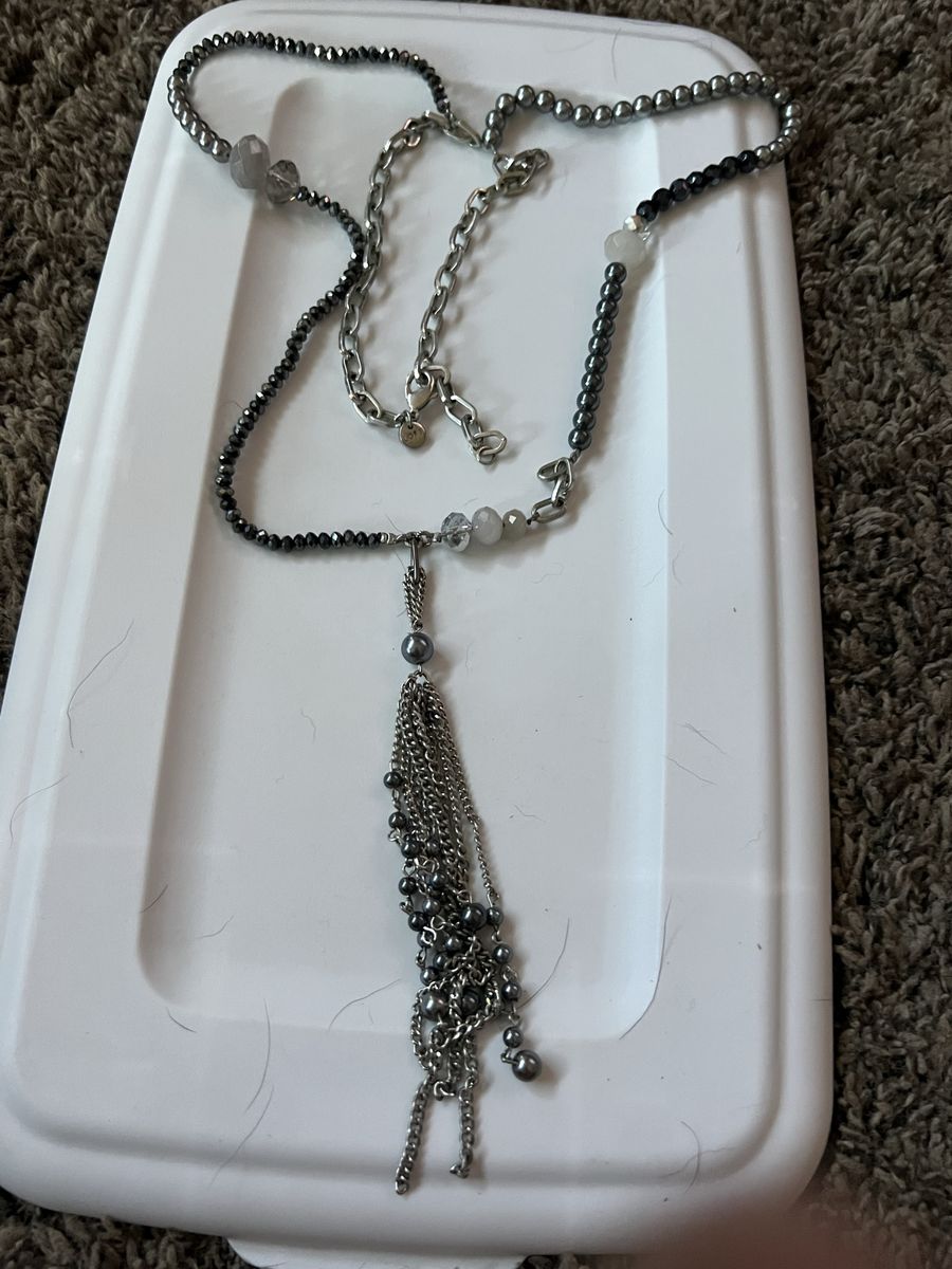 Fashion Necklace - Long Chain w/ Gray & White Beads & Dangling Tassel Charm, Adjustable Length