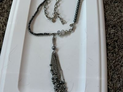 Fashion Necklace - Long Chain w/ Gray & White Beads & Dangling Tassel Charm, Adjustable Length