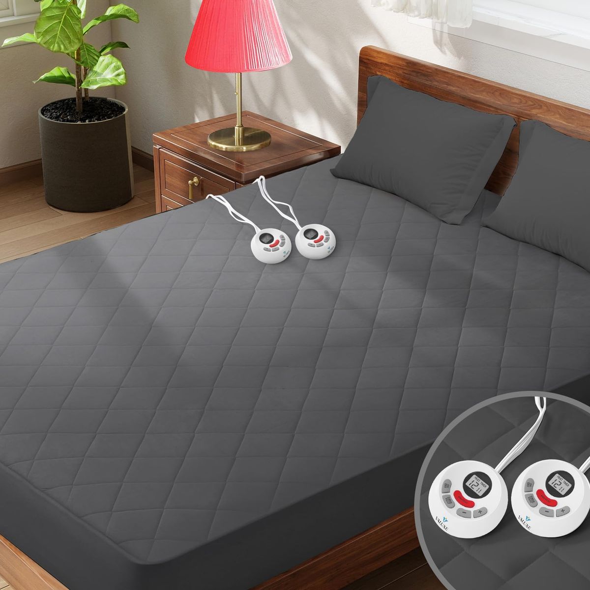 King Size Quilted Heated Mattress Pad, Zone Heating Electric Bed Warmer Heat Mattress Pad Cover Dual Controller, Gray