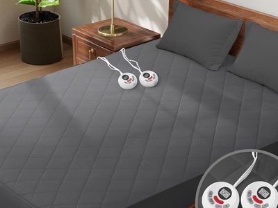 King Size Quilted Heated Mattress Pad, Zone Heating Electric Bed Warmer Heat Mattress Pad Cover Dual Controller, Gray