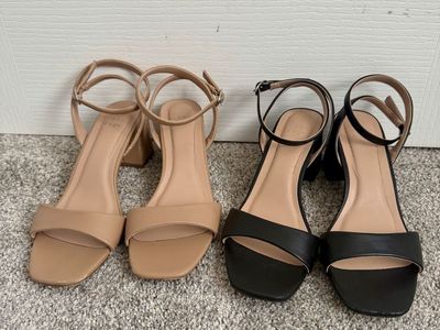 A New Day Women's Block Heel Ankle Strap Sandals Bundle - Size 7.5 (Black & Nude)