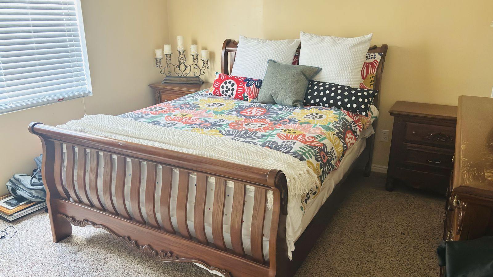Wooden Queen Bed Frame With Mattress   And Night Stands- Classic Design, Sturdy Construction with other decorations