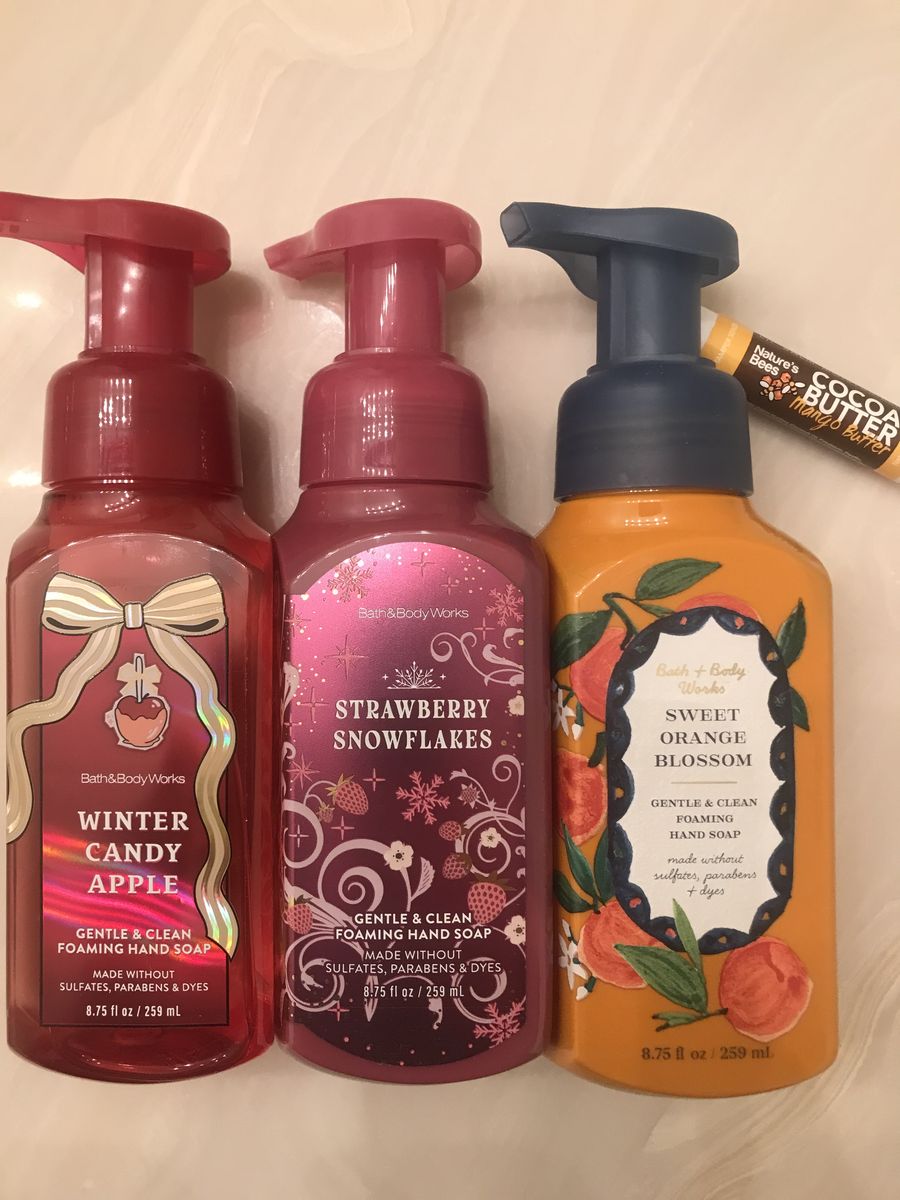 4 Bath & Body Works Foaming Hand Soap Winter Candy Apple Strawberry Snowflakes Sweet Orange Blossom Cocoa Butter lip balm
