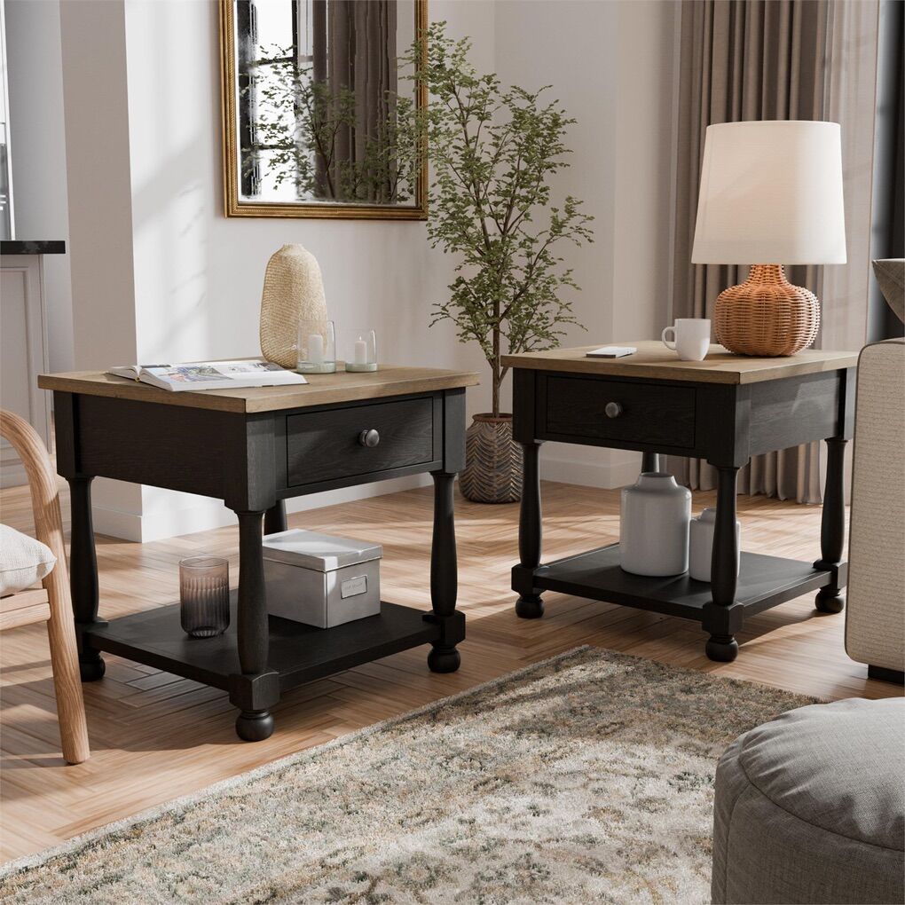 Acacia Wood End Table Set - Weathered Black