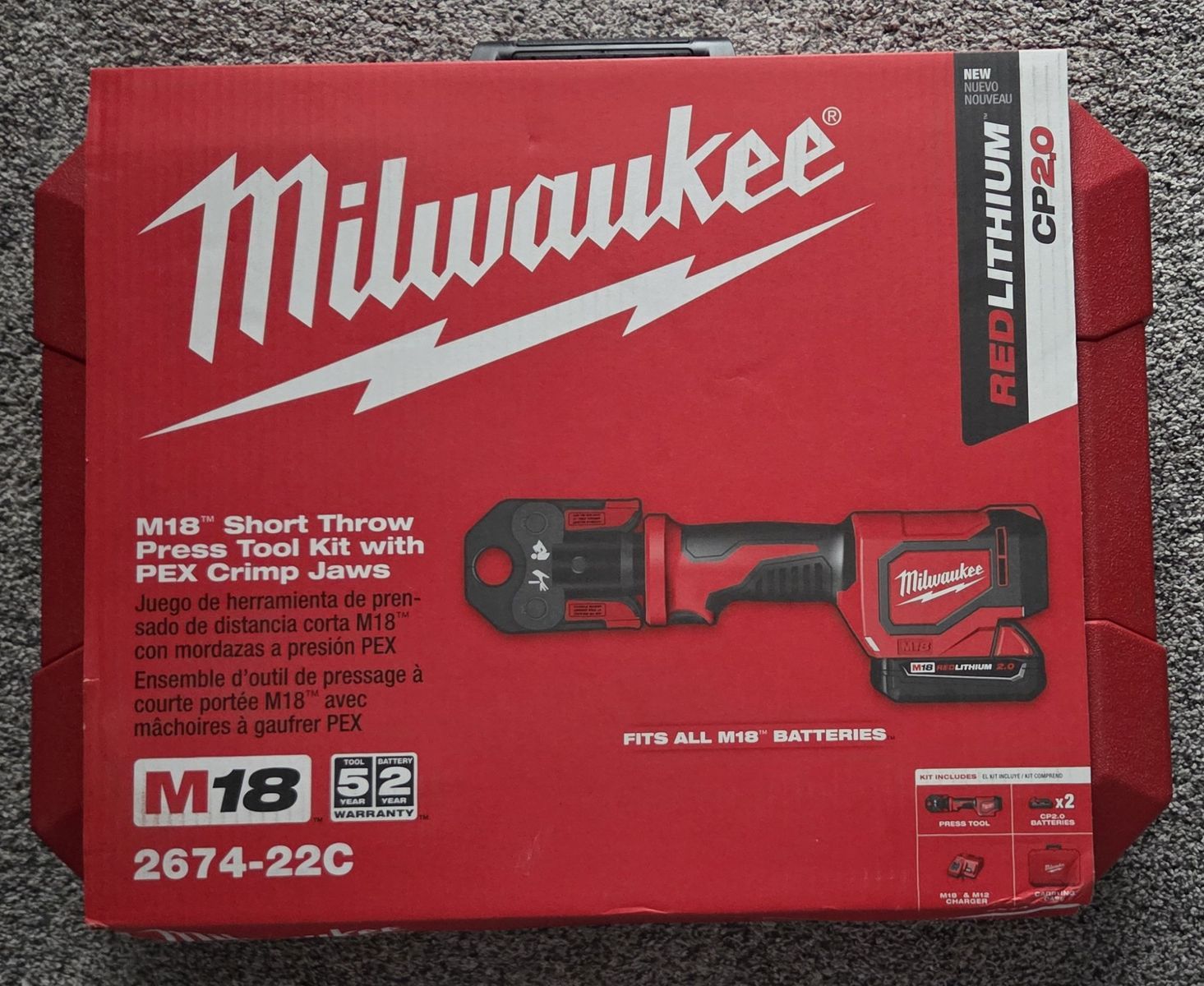Milwaukee M18 Short Throw Press Tool Kit with PEX Crimp Jaws 2674-22C - Brand New