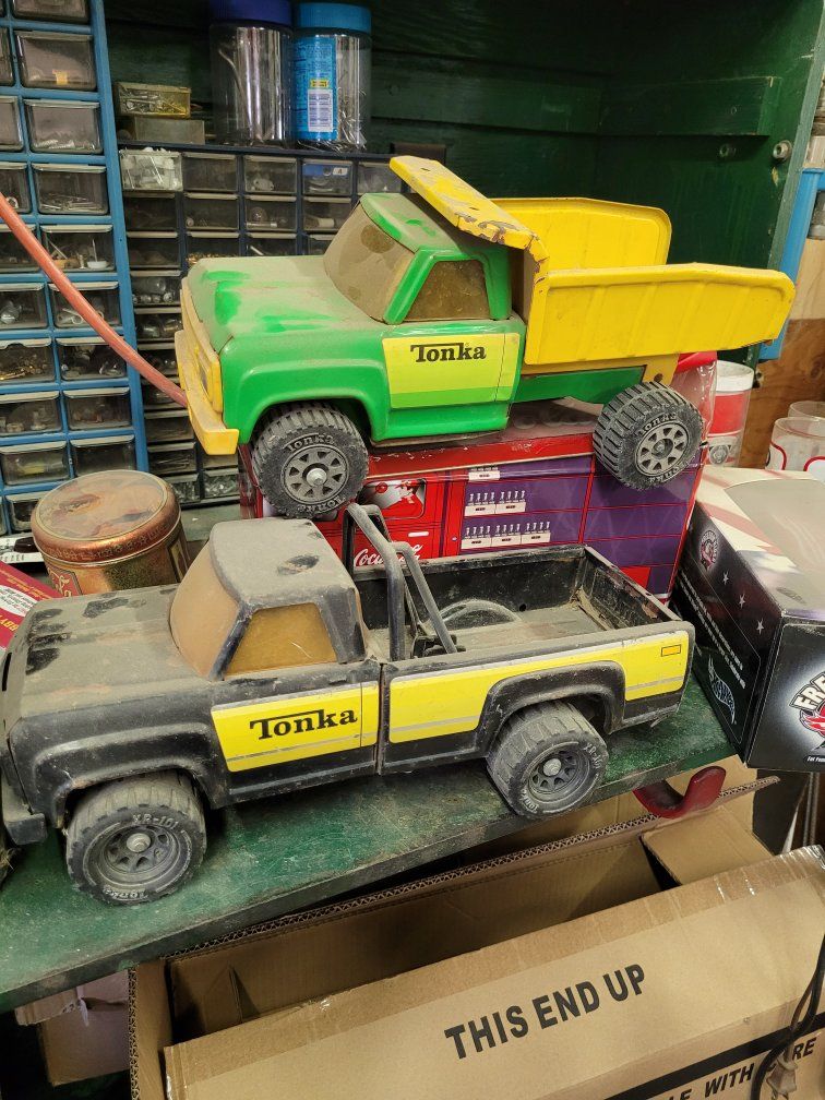Used Tonka Metal Toy Truck Lot - Vintage Green Dump Truck & Black Pickup Truck
