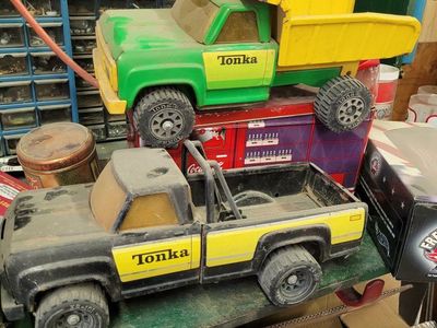 Used Tonka Metal Toy Truck Lot - Vintage Green Dump Truck & Black Pickup Truck