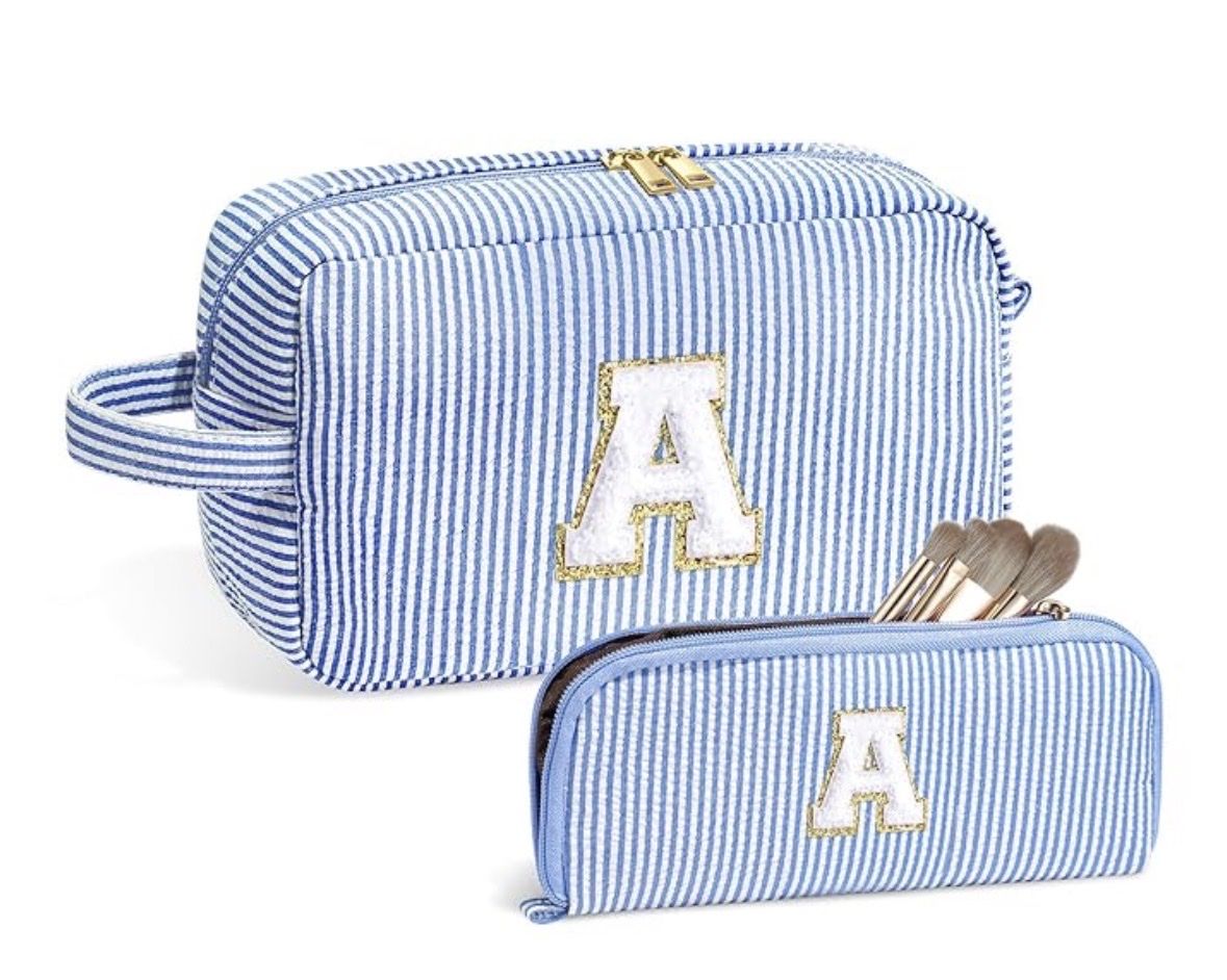 Blue Striped Initial 'A' Makeup and Travel Bag Set