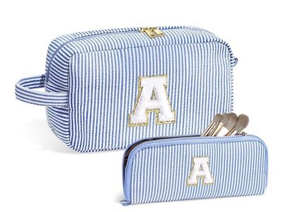 Blue Striped Initial 'A' Makeup and Travel Bag Set