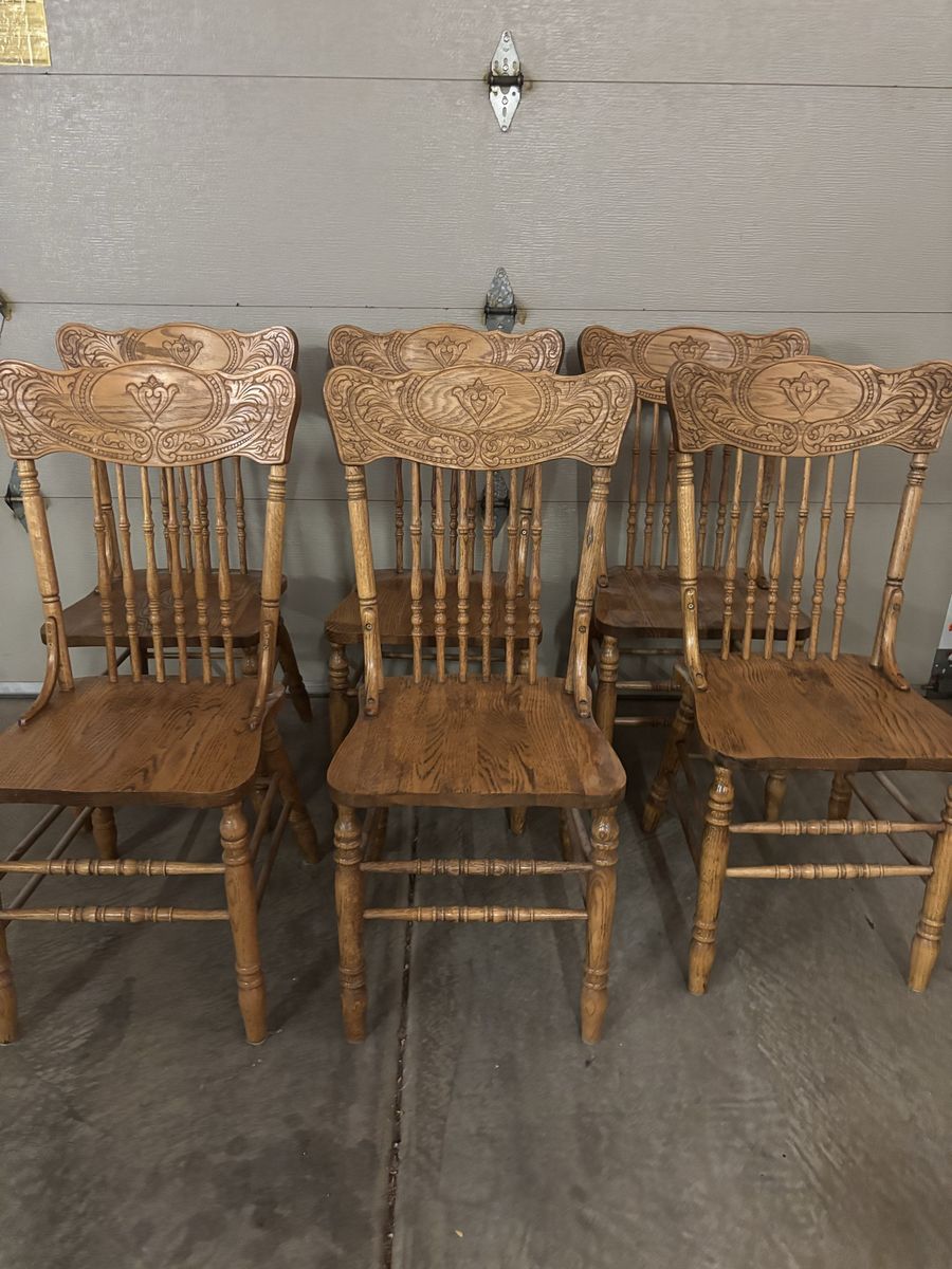 Set of 6 Vintage Wood Dining Chairs - Spindle Back, Ornate Carved Detail, Light Oak Finish