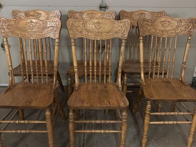 Set of 6 Vintage Wood Dining Chairs - Spindle Back, Ornate Carved Detail, Light Oak Finish