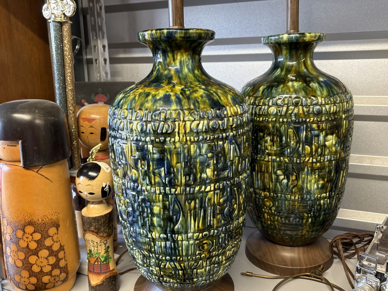 Beautiful PAIR of vintage mid century modern ceramic lamps drip glaze, MCM