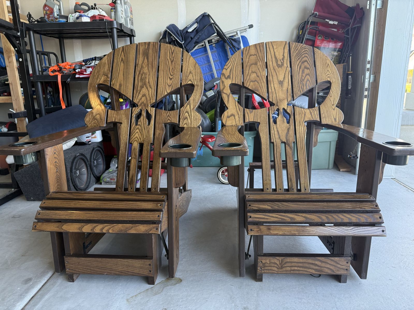 Custom Wooden Punisher Skull Glider Patio Chairs (Pair) with Cupholders