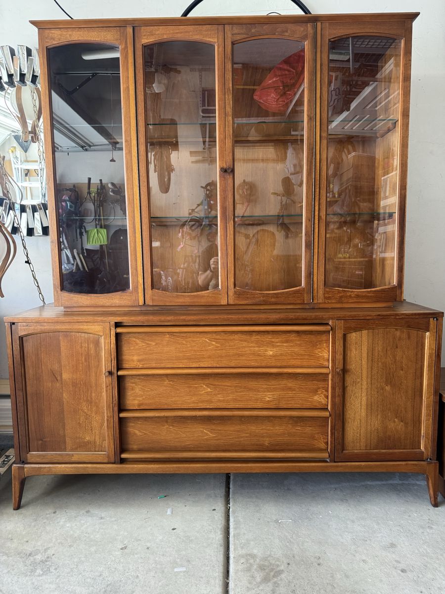 Lane Rhythm Mid-Century vintage Credenza / Hutch + Complete China & Silverware Set