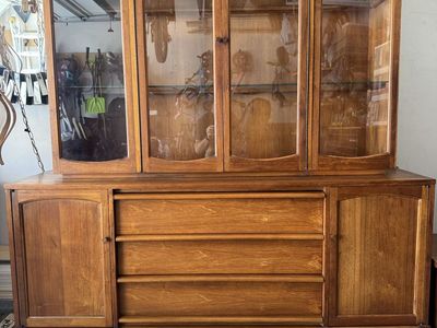 Lane Rhythm Mid-Century vintage Credenza / Hutch + Complete China & Silverware Set