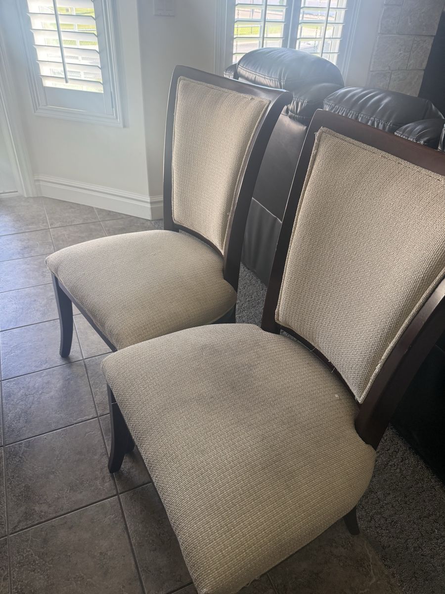 Set of 8 Upholstered Dining Chairs - Dark Wood Frame, Cream Fabric
