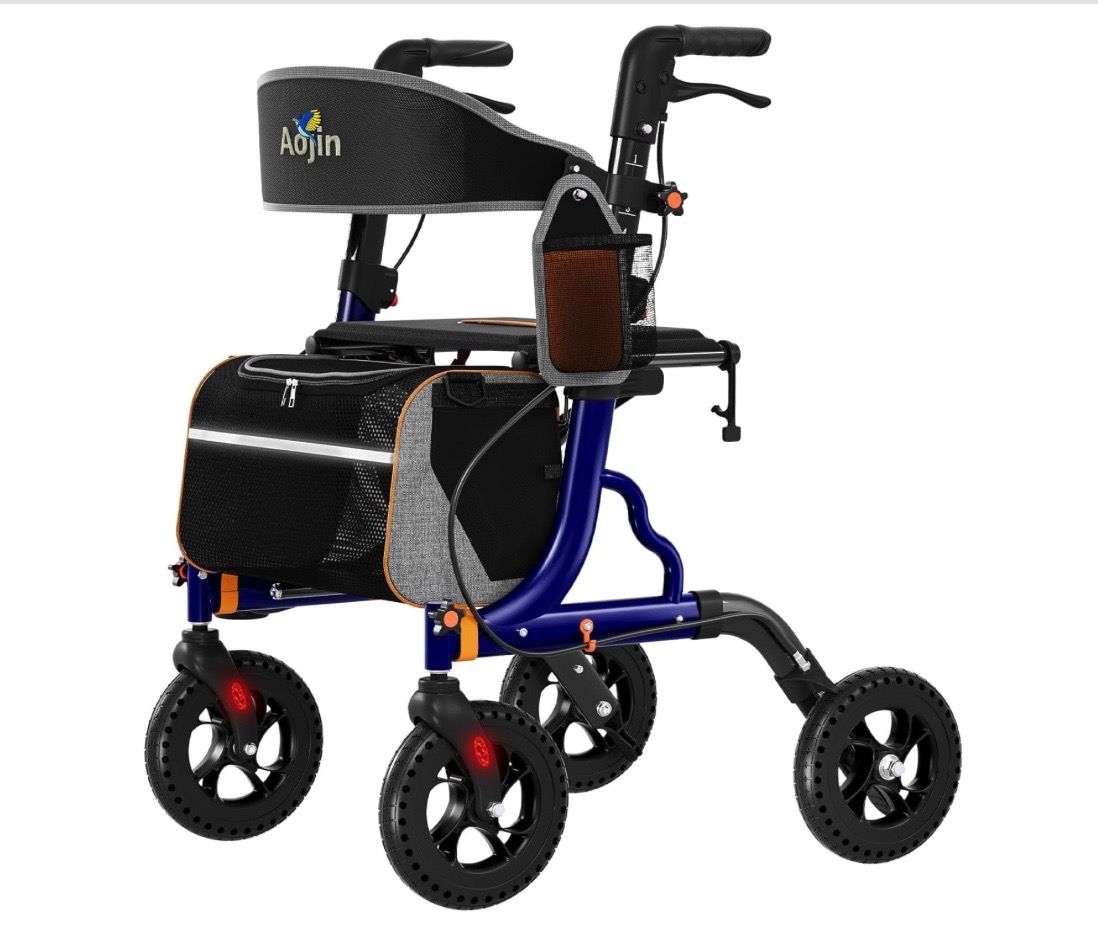 Walker for Seniors with Seat, 8" All-Terrain Wheels, 18" Big Seat, 6-Level Adjustable Height 350 lb Capacity